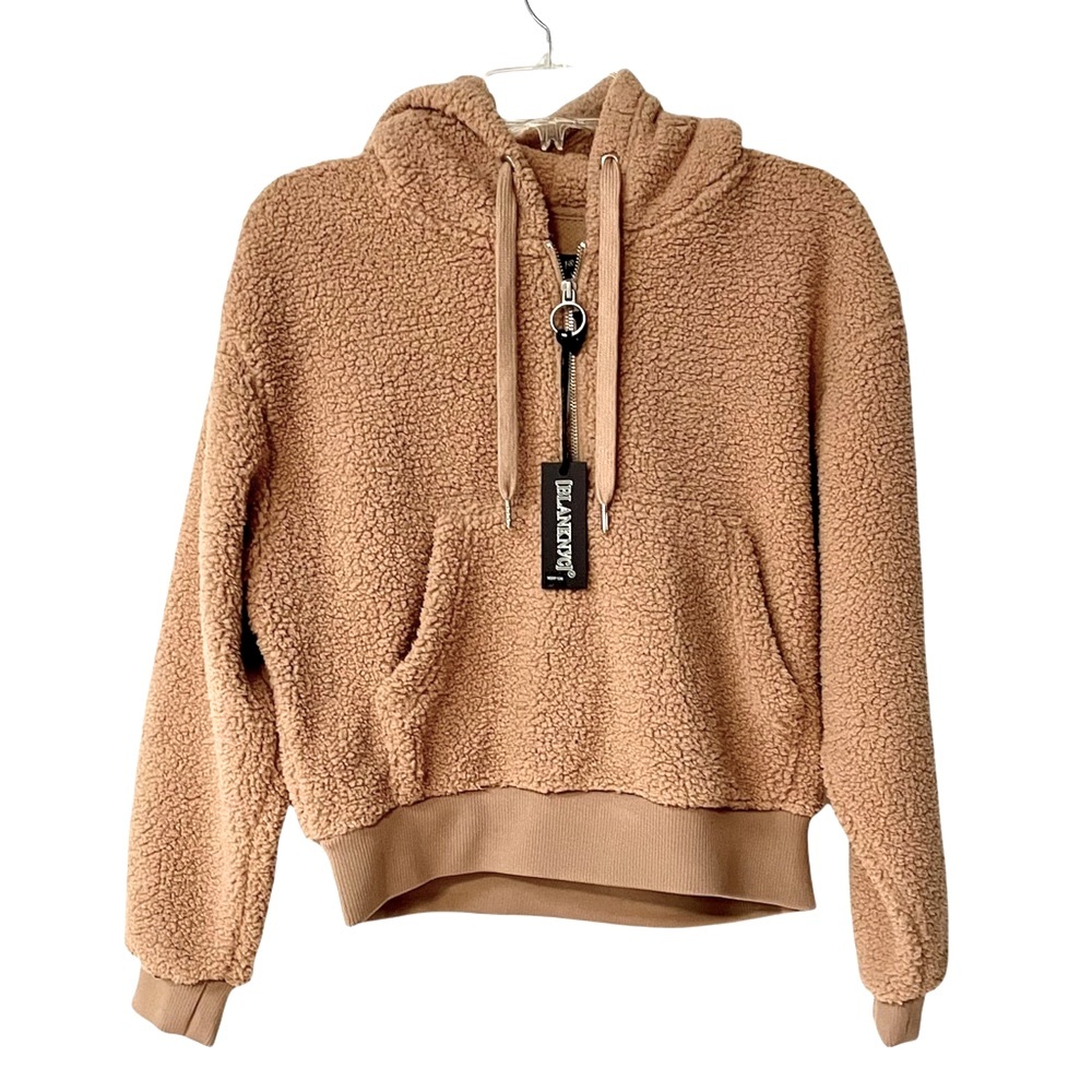 NWT Blank NYC Faux Fur, fleece 1/4 zip camel/tan cozy hoodie, Pocket, Size Small